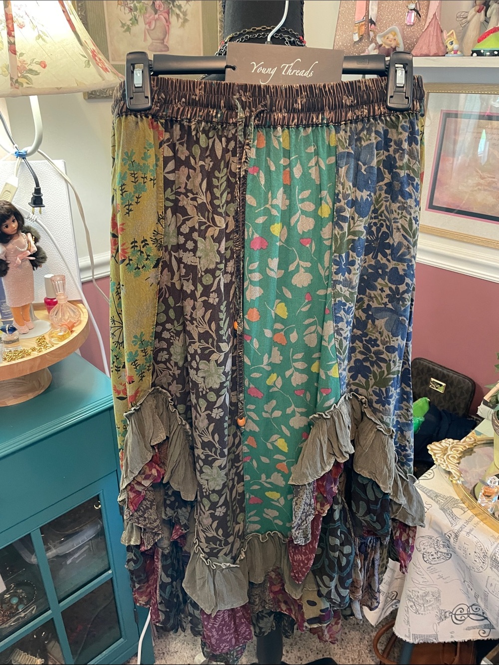 PatchworkBoho  Floral Ruffle Maxi Skirt - Teal/Brown. Young Threads - Picture 5 of 14
